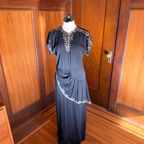Vintage 40s 1940s Gown Maxi Dress, Black Gold Sequin, Asymmetrical Peplum Rayon - Picture 8 of 8